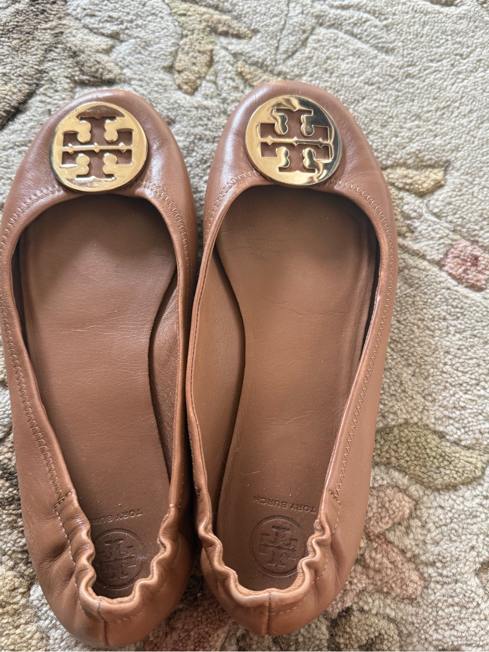 Tory Burch Cognac Leather Ballet Flats with Gold Logo Medallion